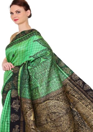 iMithila Madhubani Designer Silk Saree Green and Black - Image 4