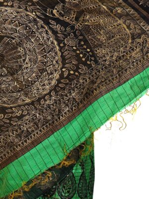 iMithila Madhubani Designer Silk Saree Green and Black - Image 6