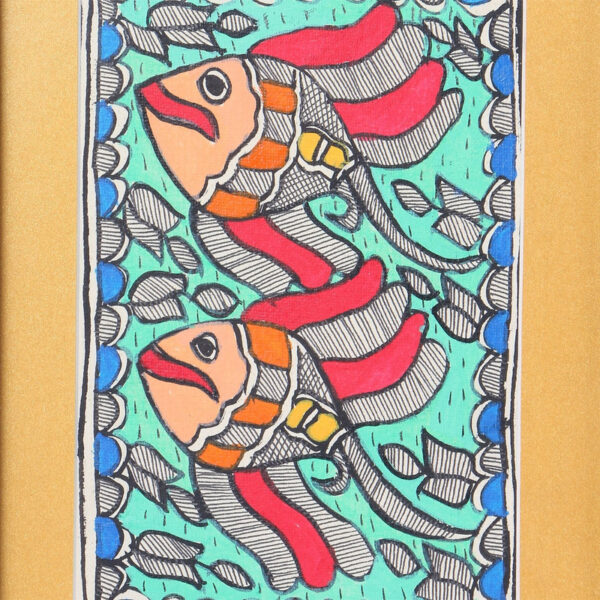 iMithila Painting of Colorful Fishes – Indian Paintings – Traditional Artwork – Hand Painted Artistry – Madhubani Painting - Paintings for Home Décor – Framed paintings for living room & Bedroom - Image 3