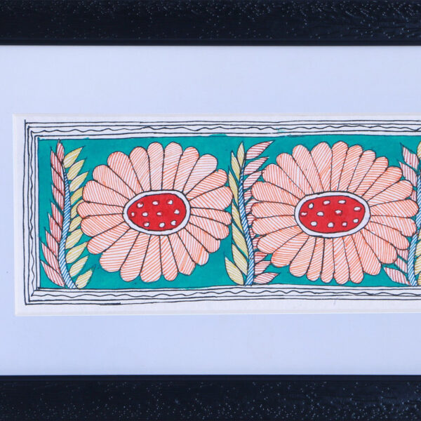 iMithila Authentic Madhubani Handpainted Framed Painting Depicting  Floral Beauty containing Sky Blue Background in Mithila Style - Image 4