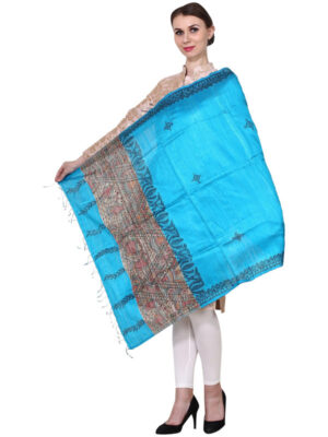 iMithila Madhubani Blue Handpainted Silk Dupatta - Image 3
