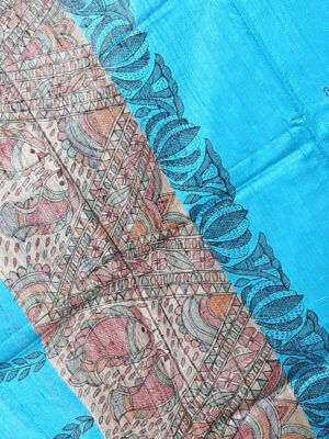 iMithila Madhubani Blue Handpainted Silk Dupatta - Image 4