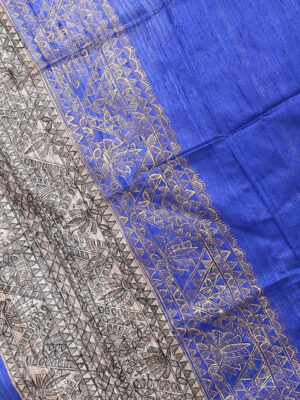 iMithila Madhubani Handpainted Blue Designer Silk Dupatta - Image 4