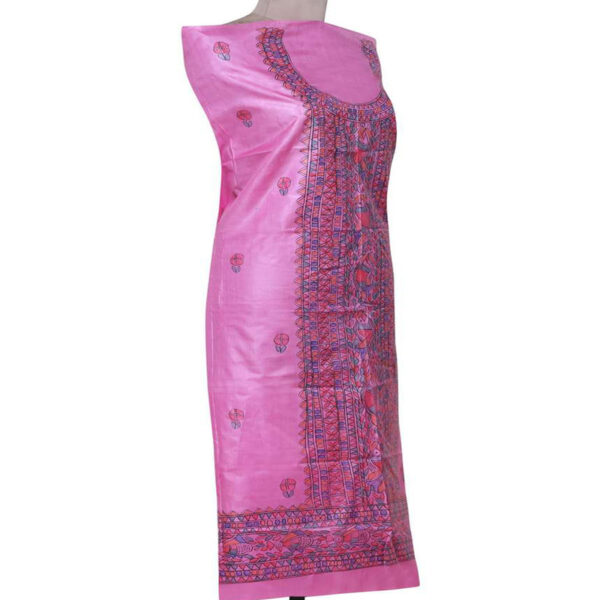 iMithila Madhubani Handpainted Unstitched Silk Kurti Material - Image 3