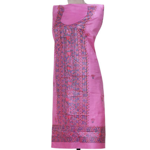 iMithila Madhubani Handpainted Unstitched Silk Kurti Material - Image 4
