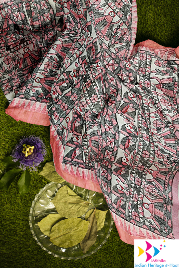 iMithila Authentic Handpainted Madhubani Khadi Cotton Dupatta – Traditional Indian Artistry – Full Work - Image 2