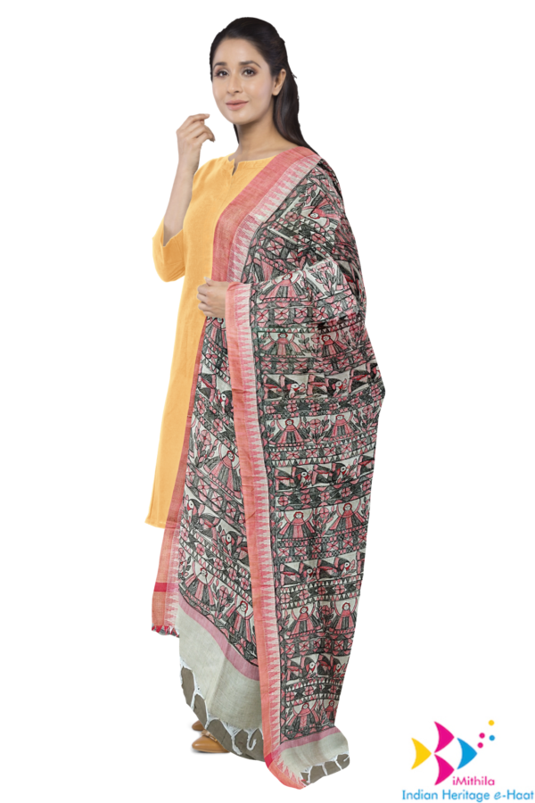 iMithila Authentic Handpainted Madhubani Khadi Cotton Dupatta – Traditional Indian Artistry – Full Work - Image 3