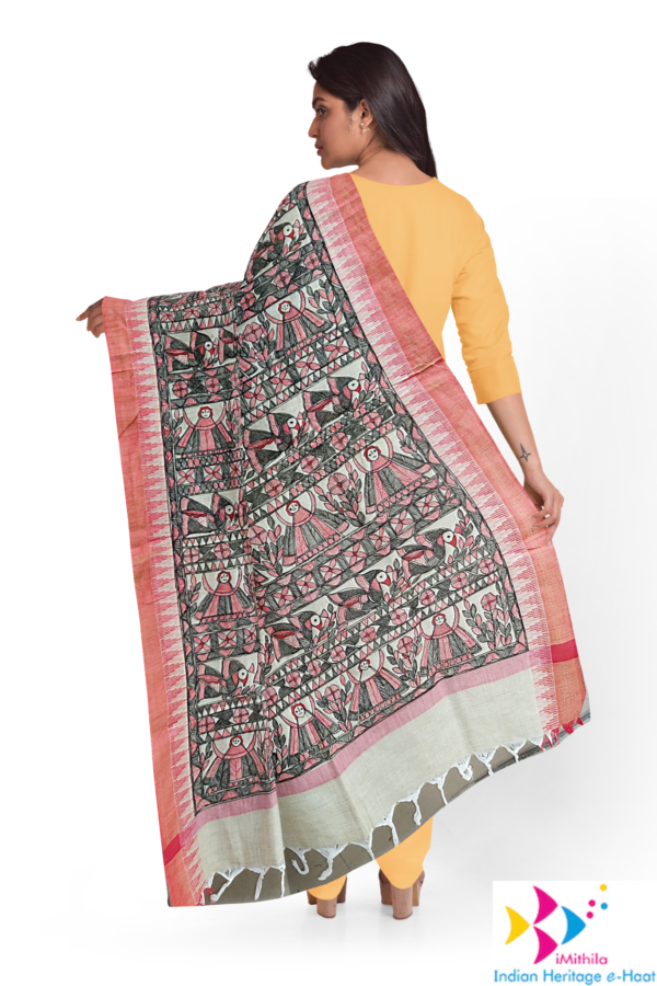 iMithila Authentic Handpainted Madhubani Khadi Cotton Dupatta – Traditional Indian Artistry – Full Work - Image 4