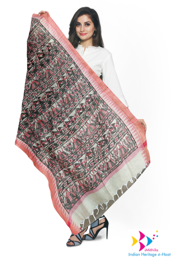 iMithila Authentic Handpainted Madhubani Khadi Cotton Dupatta – Traditional Indian Artistry – Full Work - Image 5