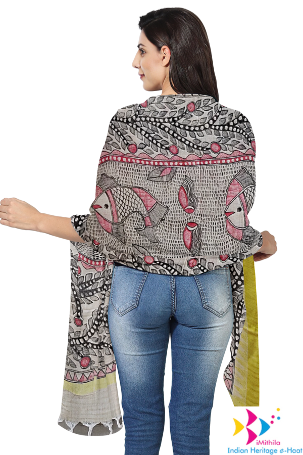 iMithila Authentic Handpainted Madhubani Cotton Dupatta – Traditional Indian Artistry – Full Work – Rakhi Gift for Sister - Image 3