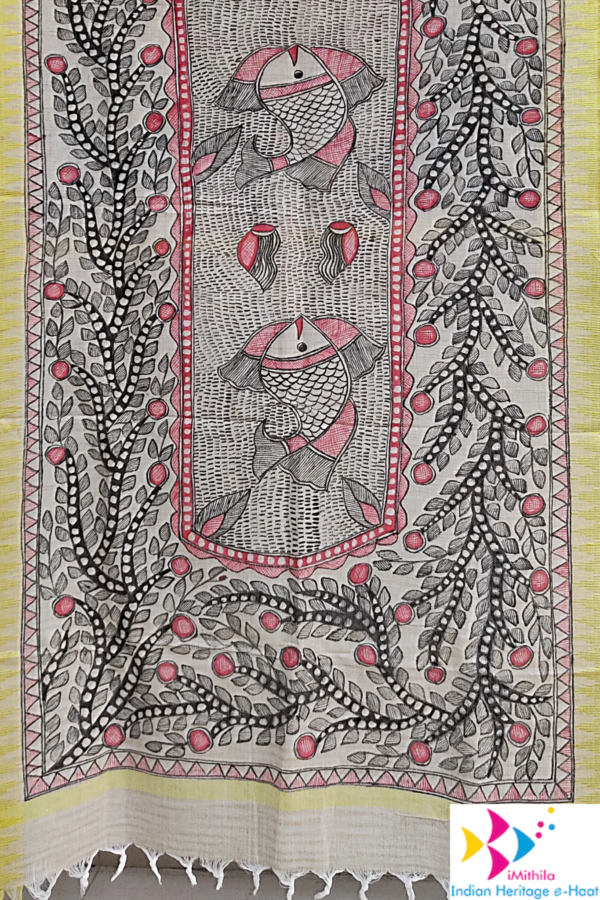 iMithila Authentic Handpainted Madhubani Cotton Dupatta – Traditional Indian Artistry – Full Work – Rakhi Gift for Sister - Image 5