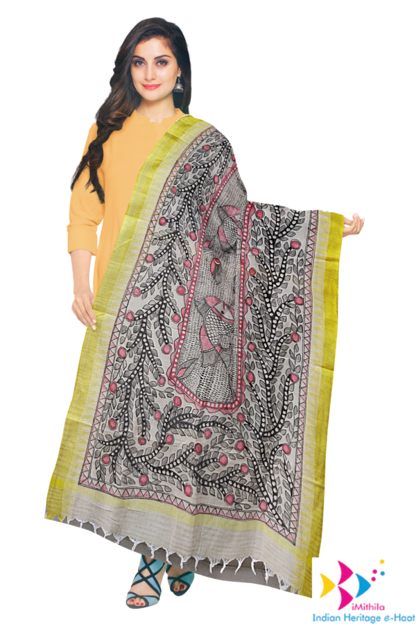 iMithila Authentic Handpainted Madhubani Cotton Dupatta – Traditional Indian Artistry – Full Work – Rakhi Gift for Sister - Image 4