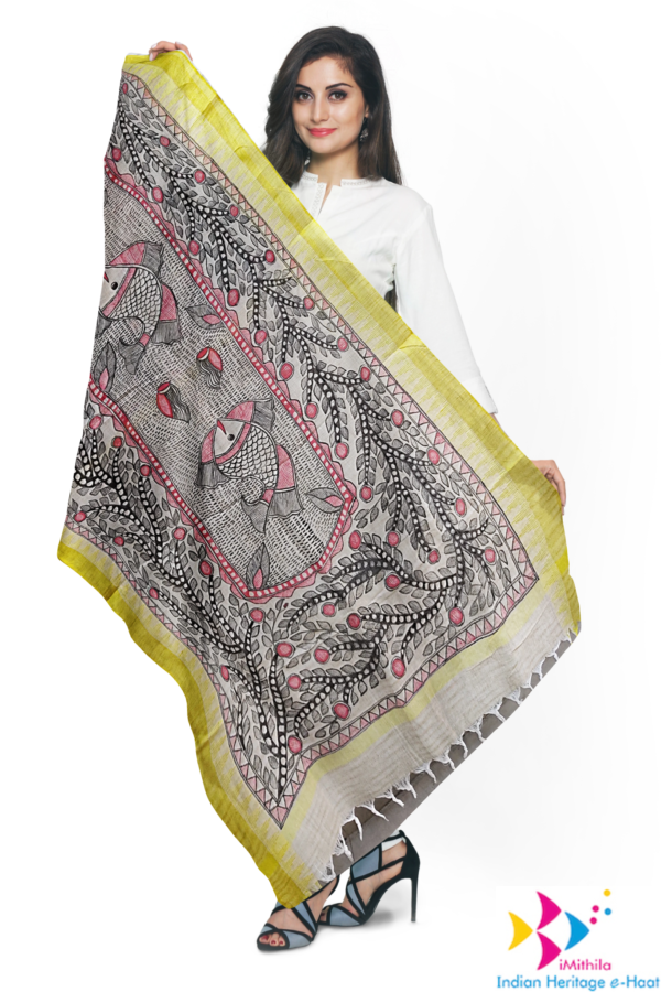 iMithila Authentic Handpainted Madhubani Cotton Dupatta – Traditional Indian Artistry – Full Work – Rakhi Gift for Sister - Image 6