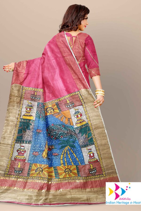 Chhath Special Saree – Madhubani Hand-Painted Silk Saree – Only Aanchal Painted – Red - Image 2