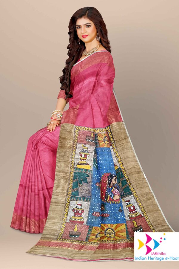 Chhath Special Saree – Madhubani Hand-Painted Silk Saree – Only Aanchal Painted – Red - Image 4