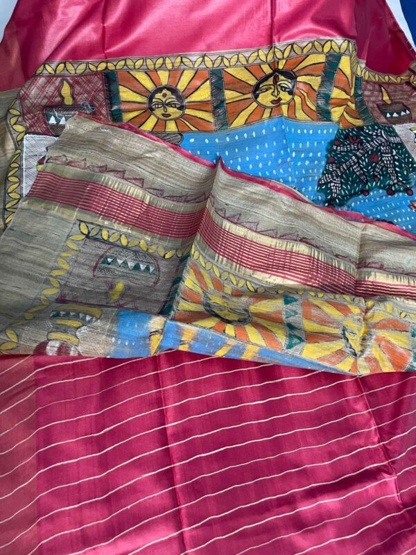 Chhath Special Saree – Madhubani Hand-Painted Silk Saree – Only Aanchal Painted – Red - Image 3